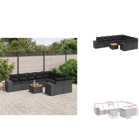 10-tlg. Garten-Sofagarnitur mit Kissen Schwarz Poly Rattan - Gartenmöbel - Esstischgarnituren - Outdoor Möbel - Lounge Set - Rattan Gartenmöbel