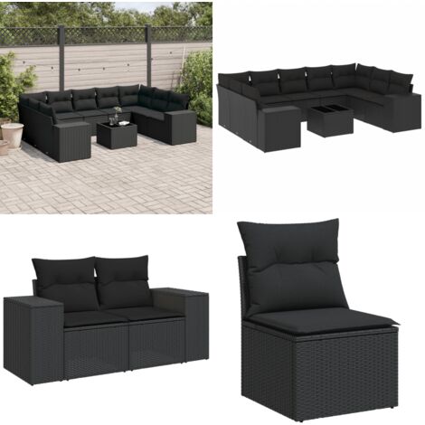 10-tlg. Garten-Sofagarnitur mit Kissen Schwarz Poly Rattan - Gartenmöbel - Esstischgarnituren - Outdoor Möbel - Lounge Set - Rattan Gartenmöbel - Home & Living