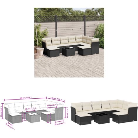 10-tlg. Garten-Sofagarnitur mit Kissen Schwarz Poly Rattan - Gartenmöbel - PE-Rattan Möbel - Outdoor Sofa Set - Esstisch - Lounge Set - Home & Living