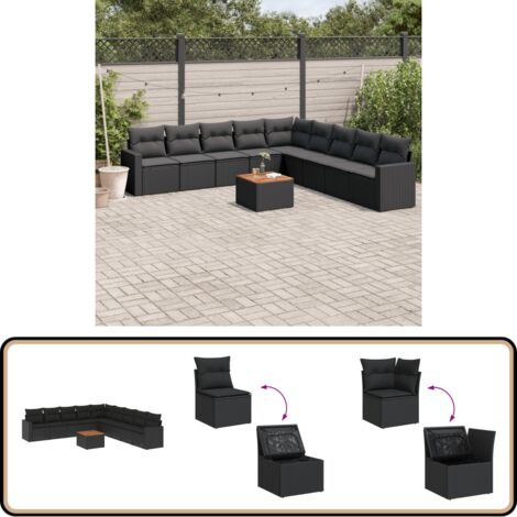 10-tlg. Garten-Sofagarnitur mit Kissen Schwarz Poly Rattan - Gartenmöbel Set - Esszimmerset Outdoor - Lounge Möbel - Rattan Gartenmöbel - Wetterfeste Gartenmöbel