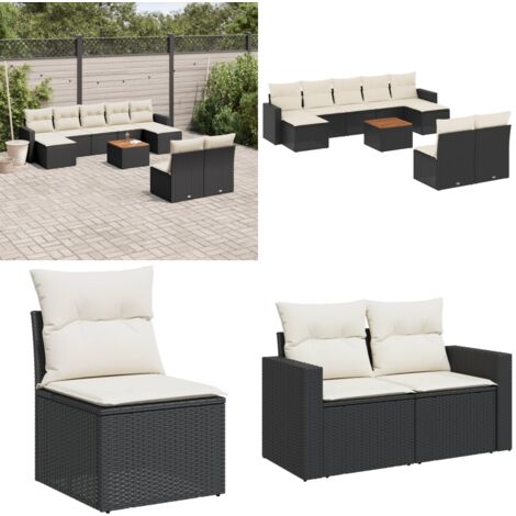 10-tlg. Garten-Sofagarnitur mit Kissen Schwarz Poly Rattan - Gartenmöbel Set - Outdoor Möbel - Rattan Gartenmöbel - Lounge Set - Esstisch Set - Home & Living