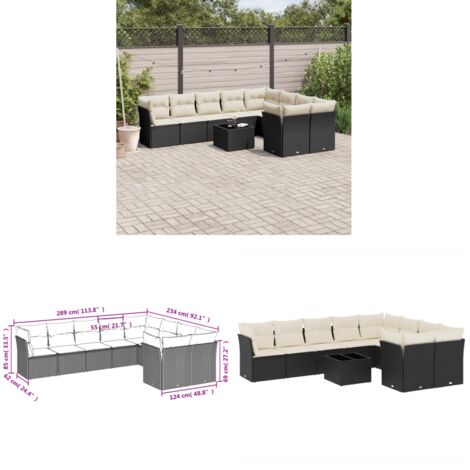 10-tlg. Garten-Sofagarnitur mit Kissen Schwarz Poly Rattan - Gartenmöbel Set - PE-Rattan Möbel - Outdoor Sofa - Esstisch - Lounge Set - Home & Living