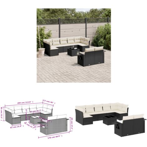 10-tlg. Garten-Sofagarnitur mit Kissen Schwarz Poly Rattan - Gartenmöbel - Sofasatz - Outdoor Möbel - PE-Rattan - Gartenlounge - Home & Living
