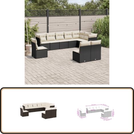 10-tlg. Garten-Sofagarnitur mit Kissen Schwarz Poly Rattan - Gartensofas - Outdoor Möbel - Lounge Set - Rattan Sofa - Gartenlounge