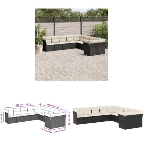 10-tlg. Garten-Sofagarnitur mit Kissen Schwarz Poly Rattan - Gartensofas - Outdoor Möbel - Lounge Set - Rattan Sofa - Gartenlounge - Home & Living