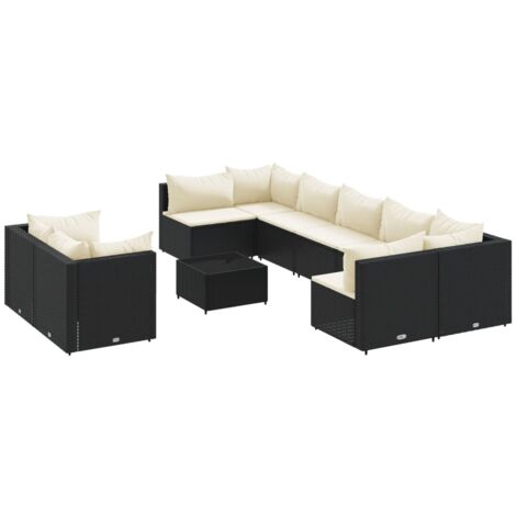 10-tlg. Garten-Sofagarnitur mit Kissen Schwarz Poly Rattan vidaXL