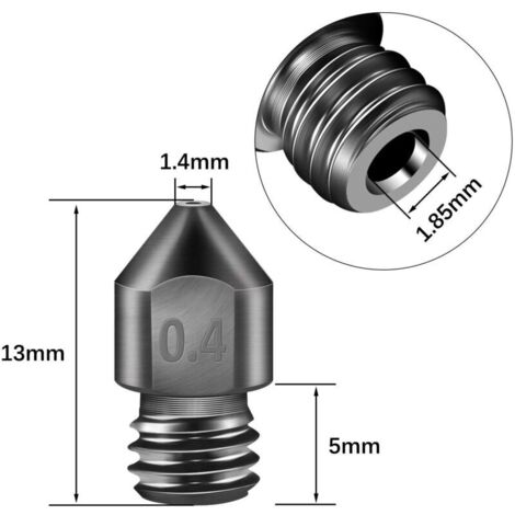 10 ugelli estrusori MK8 per stampanti 3D. Ugelli in acciaio temprato ad alta temperatura, diametro 0,4 mm, compatibili con Makerbot, Creality CR-10, Ender 3, Prusa i3.