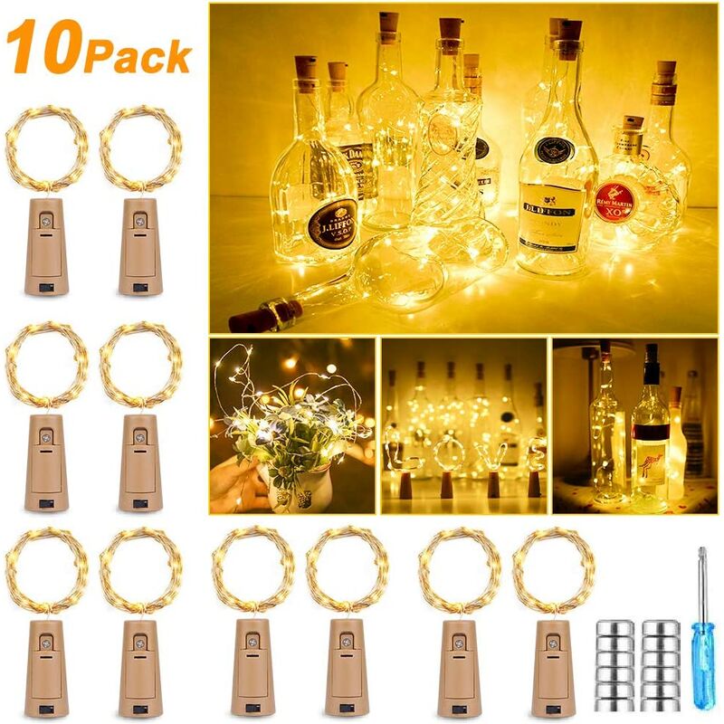 

10 Unidades de 25 Luces LED de 2,5 m para Botellas, luz Blanca cálida, para Botellas, decoración, Fiestas, Vacaciones, Navidad, Blanco cálido