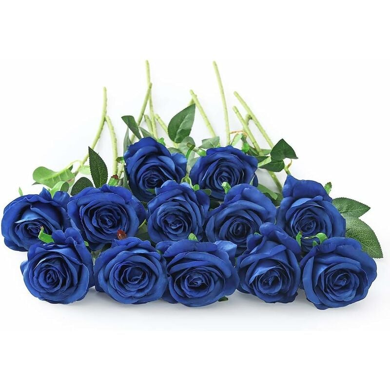 Lot de 10 roses artificielles en soie pour décoration d'intérieur Bleu