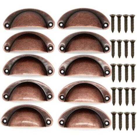 10 Vintage Shell Handles for Drawers, Cabinets, and Kitchen Furniture, Curved Iron Retro Cupboard Door Knobs, 8.2 cm x 3.5 cm, Red Copper