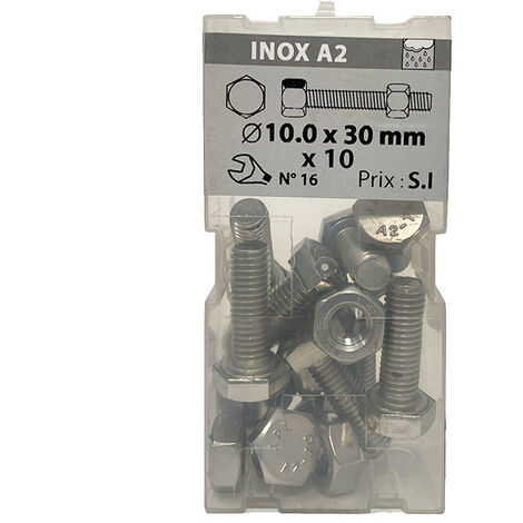 10 vis 10 x 30mm têtes hexagonale + écrou inox A2 - Viswood