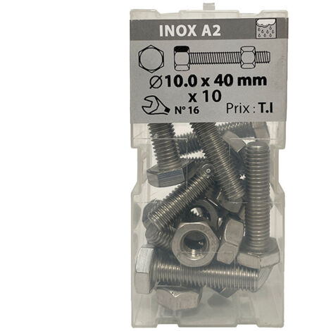 10 vis 10 x 40mm têtes hexagonale + écrou inox A2 - Vissal