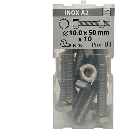 10 vis 10 x 50mm têtes hexagonale + écrou inox A2 - Viswood