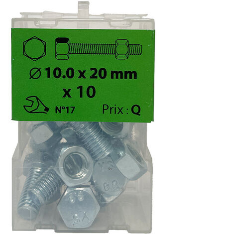 10 vis 10x20mm tête hexa + écrou  zingué Viswood