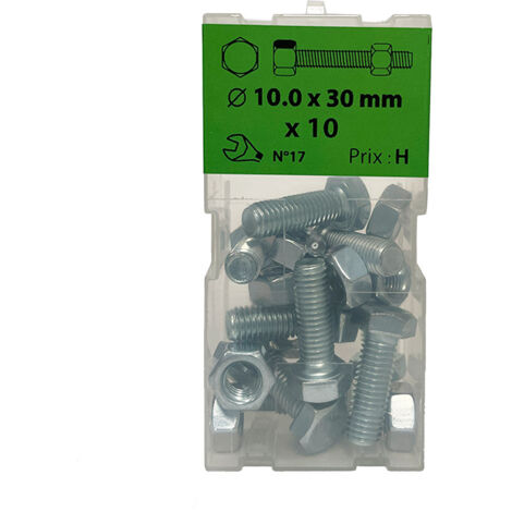 10 vis 10x30mm tête hexa + écrou  zingué Viswood