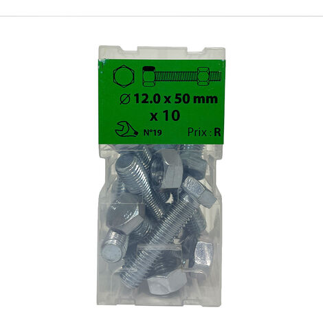 10 vis 12x50mm tête hexa + écrou  zingué Viswood