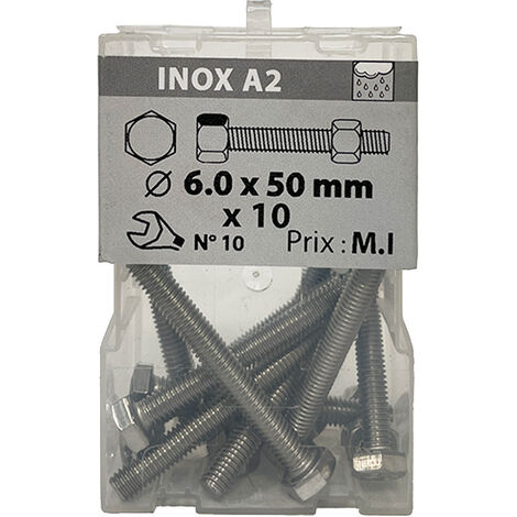 10 vis 6 x 50mm têtes hexagonale + écrou inox A2 - Viswood