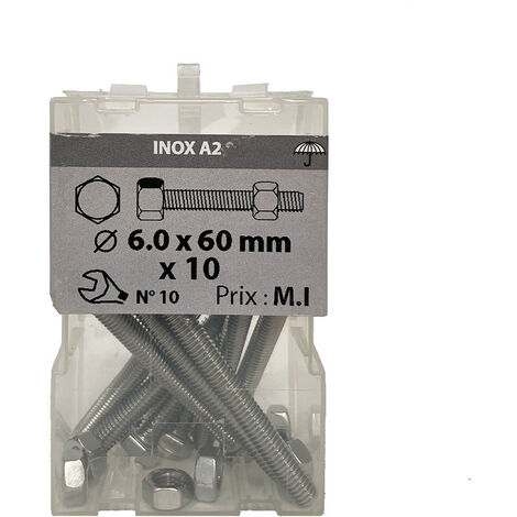 10 vis 6 x 60mm tête hexagonale + écrou inox A2 - Viswood