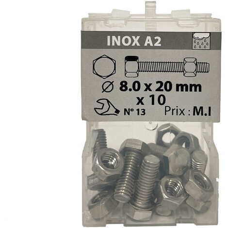 10 vis 8 x 20mm tête hexagonale + écrou inox A2 - Viswood