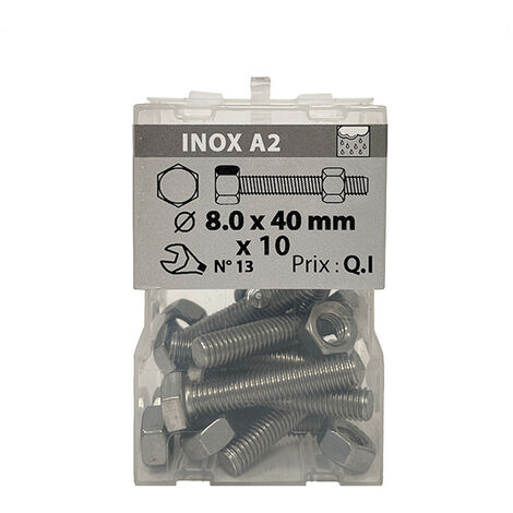 10 vis 8 x 40mm tête hexagonale + écrou inox A2 - Viswood
