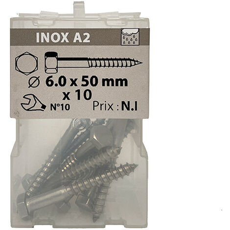 10 vis à bois 6 x 50mm tête hexagonale inox A2 - Viswood