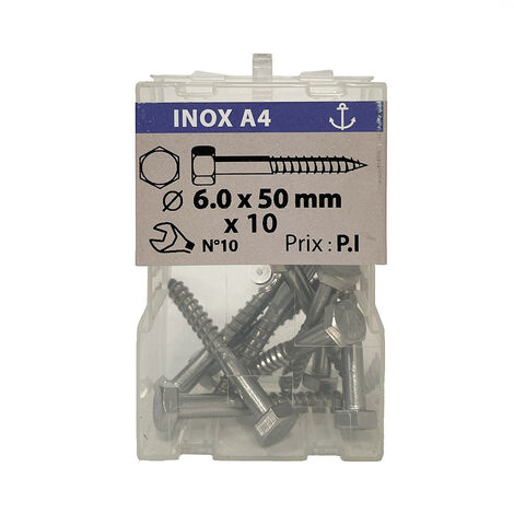 10 vis à bois 6 x 50mm tête hexagonale inox A4 - Viswood