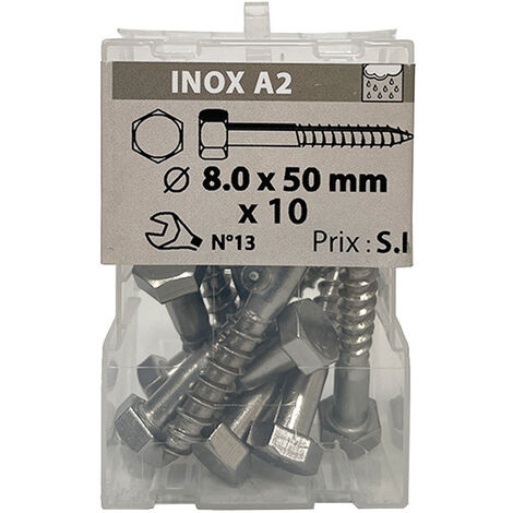 10 vis à bois 8 x 50mm tête hexagonale inox A2 - Viswood