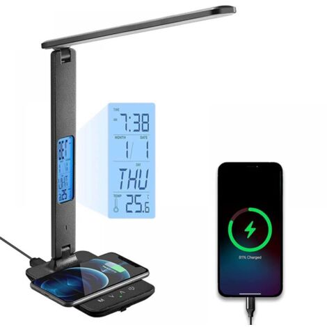 10-W-Falt-Schreibtischlampe mit kabelloser Ladefunktion und USB-Ladeanschluss, inklusive Uhr, Wecker, Datums- und Temperaturanzeige, schwarze Schreibtischlampe