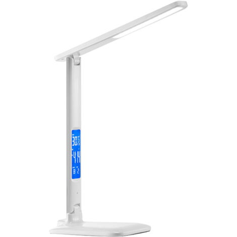 10-W-LED-Schreibtischlampe mit kabellosem Ladegerät, Wecker, Kalender und Thermometer, Weiß