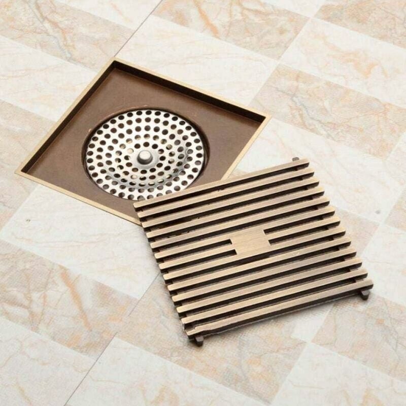 SNQ - 10 x 10Cm Carré Salle De Bains Douche Drain Siphon De Sol Piège Grille Déchets Passoire Fil Drains De Plancher En Laiton Antique