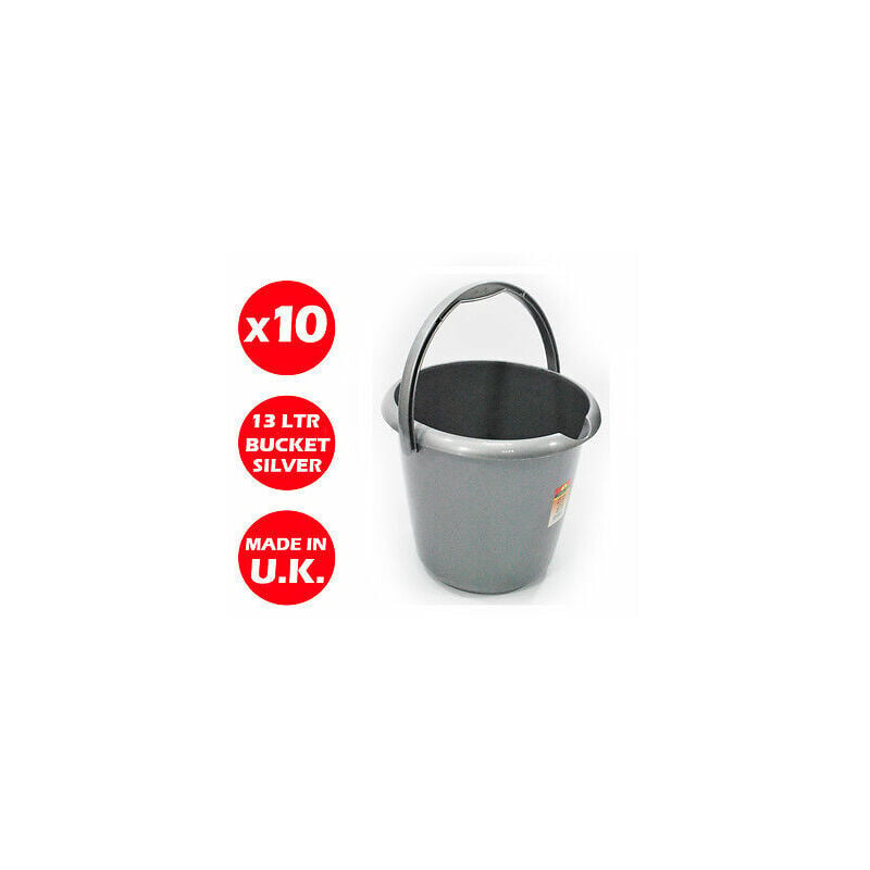 10 x 13 litre plastic storage bucket - with handle - waste -water -large -silver