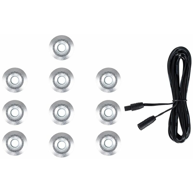 Minisun - 10 x 15mm LED Round IP67 Garden Decking Lights Kit - 3M Extension Cable - White