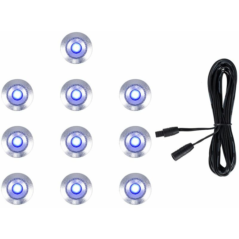 Minisun - 10 x 15mm LED Round IP67 Garden Decking Lights Kit - 3M Extension Cable - Blue