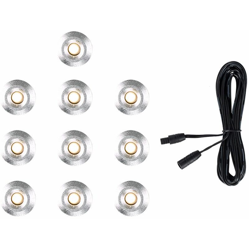 Minisun - 10 x 15mm LED Round IP67 Garden Decking Lights Kit - 3M Extension Cable - Warm White