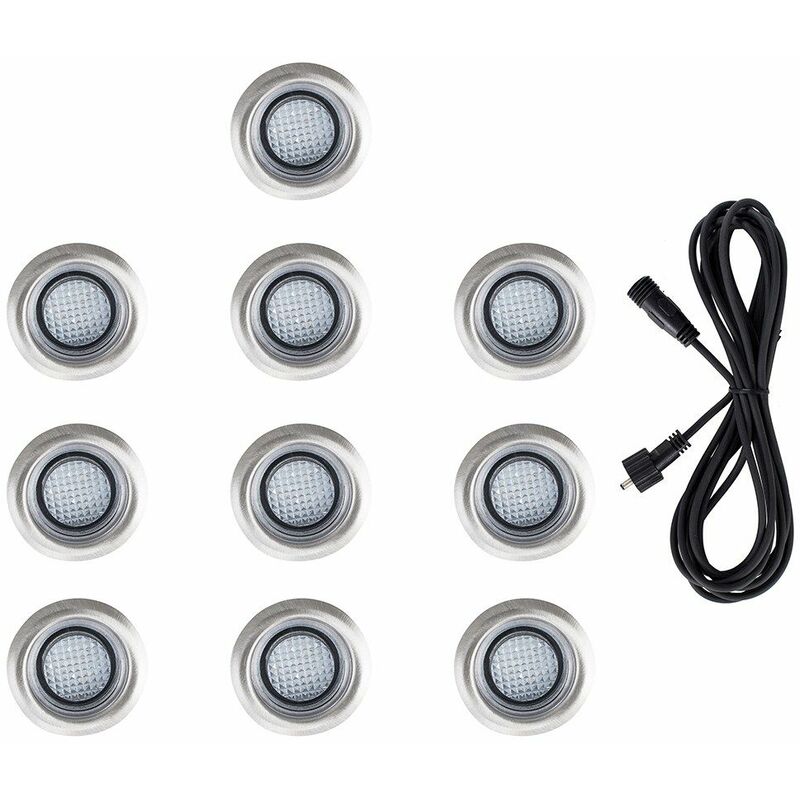 Minisun - 10 x LED Round IP67 Garden Decking Lights Kit - 3M Extension Cable - Cool White