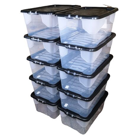 10 x 42L Clear Storage Box with Black Lid, Stackable and Nestable Design Storage Solution