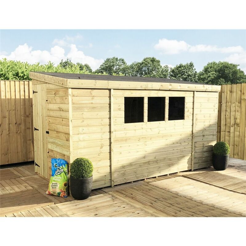 10 x 5 Reverse Pressure Treated Tongue And Groove Pent Shed With 3 Windows And Single Side Door + Safety Toughened Glass