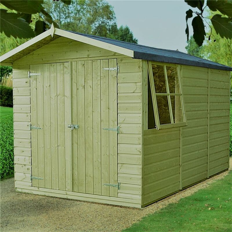 10 x 7 (2.99m x 2.15m) - Pressure Treated Tongue And Groove - Apex Garden Wooden Shed - Double Doors - 2 Opening Windows - 12mm Tongue And Groove