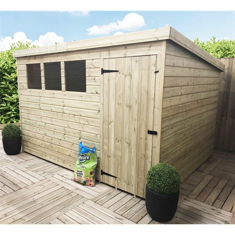 Marlborough Pent Sheds(bs) - 10 x 7 Pressure Treated Tongue And Groove Pent Shed With 3 Windows And Single Door + Safety Toughened Glass