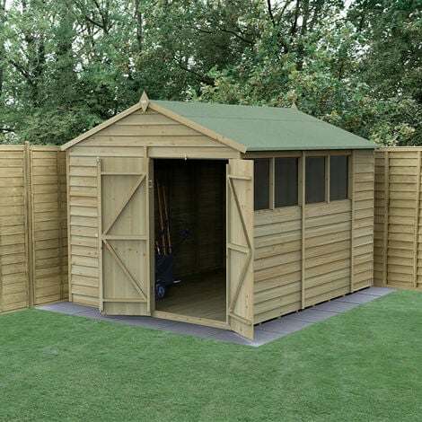 FOREST GARDEN 10' x 8' Forest 4Life 25yr Guarantee Overlap Pressure Treated Double Door Apex Wooden Shed (3.01m x 2.61m)