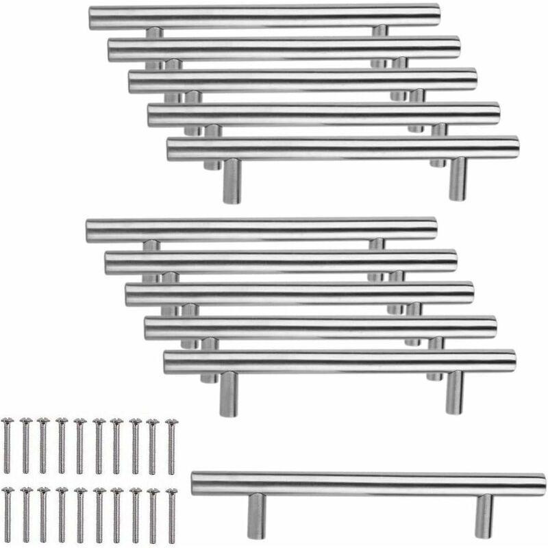 10 x Acier Inoxydable Poignee de Meuble Cuisine Espacement des Trous de 96 mm, Acier Brossé Poignée en t pour Porte d'armoire Poignées de Porte de