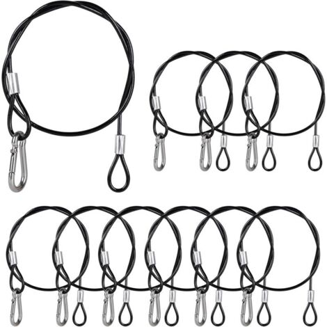 10 x Câble de Sécurité 52 mm en Acier Inoxydable avec Mousqueton de Sécurité n° 4, Câble de Suspension 3 mm avec Gaine en PVC Transparente, Capacité de Charge de 25 kg