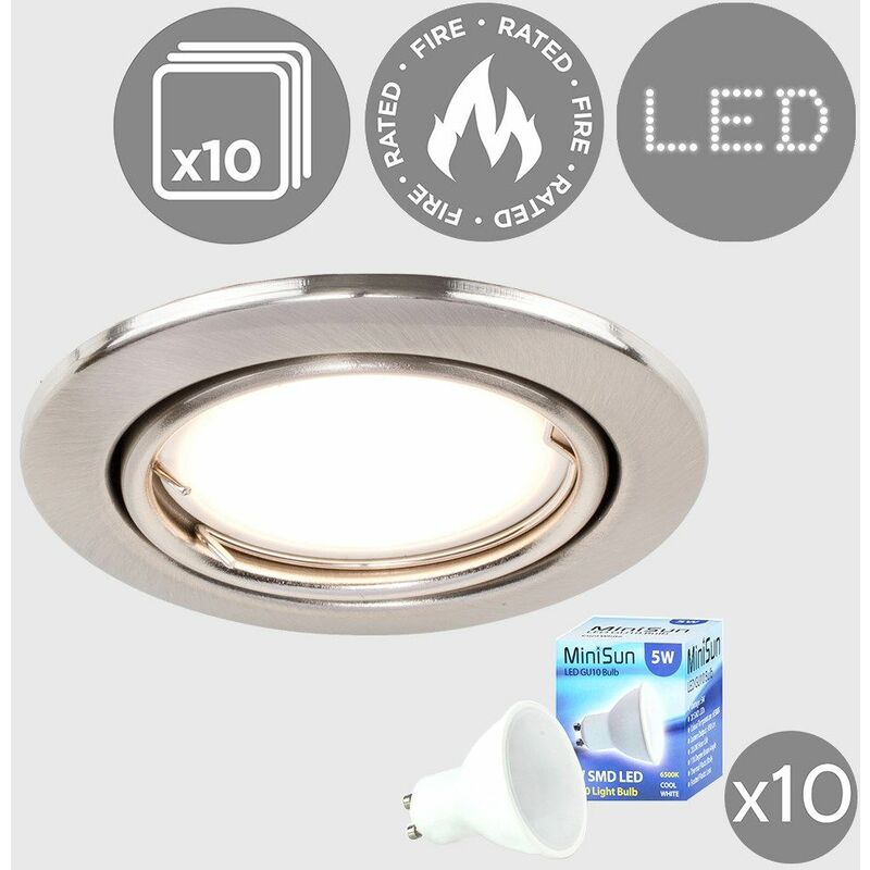 10 x Fire Rated Tiltable Recessed Ceiling Downlight Spotlights + Cool White LED GU10 Bulbs - Brushed Chrome