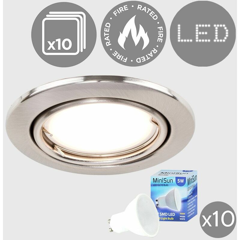 10 x Fire Rated Tiltable Recessed Ceiling Downlight Spotlights + Warm White LED GU10 Bulbs - Brushed Chrome