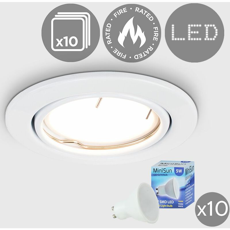 10 x Fire Rated Tiltable Recessed Ceiling Downlight Spotlights + Warm White LED GU10 Bulbs - White