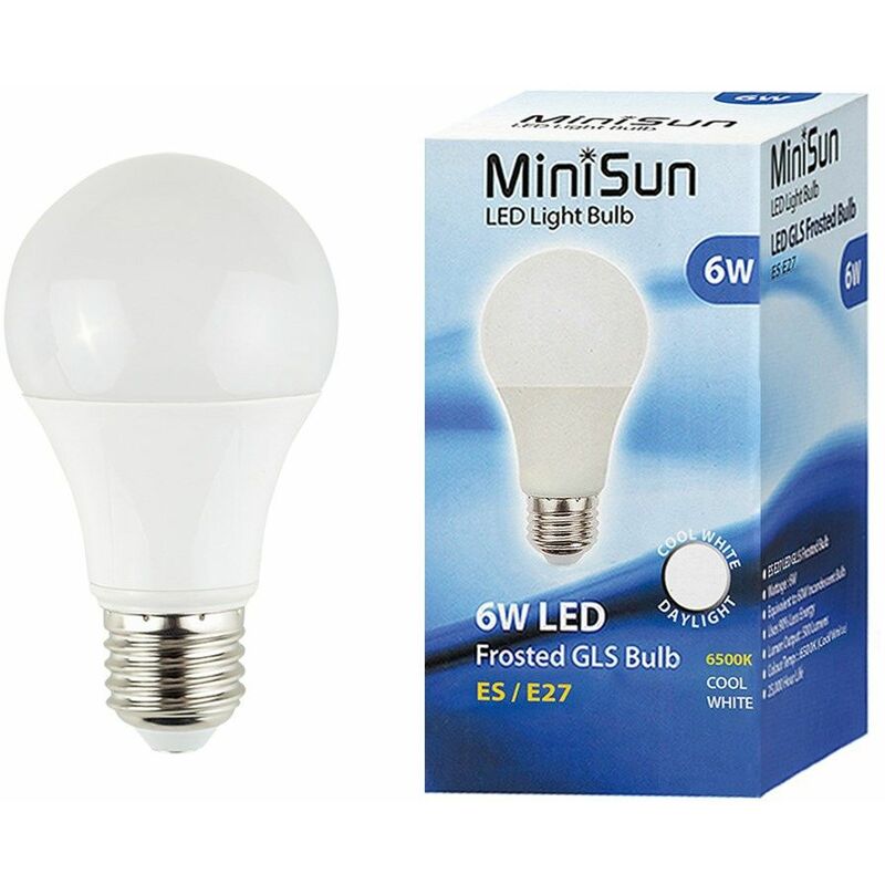 Minisun - 6W ES E27 LED GLS Light Bulbs in Cool White - Pack of 2