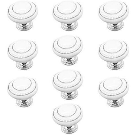 10 x Poignées et Boutons de tiroir Boutons de tiroir, Poignée de Porte céramique, Boutons de Meubles (Double Cercle d'argent - Blanc)
