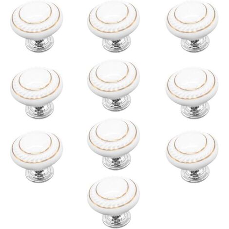 10 x Poignées et Boutons de Tiroir, Poignée de Porte Céramique, Boutons de Meubles (Double Cercle d'Or - Blanc)