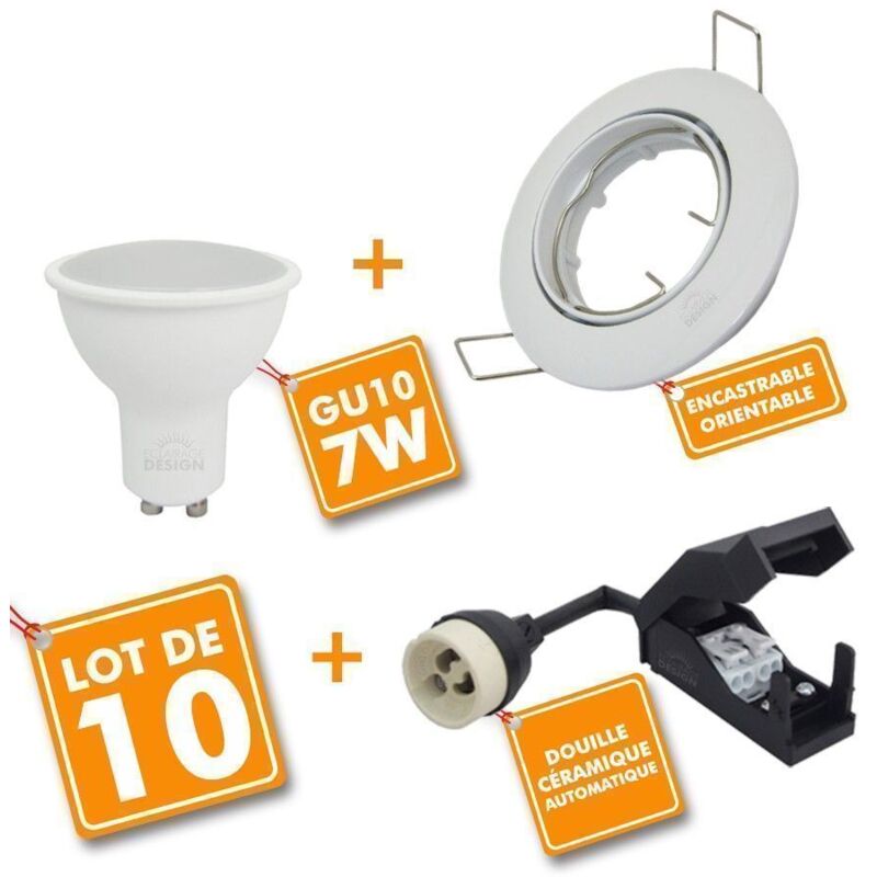 10 x Spot encastrable Blanc orientable complet led 7W eq 60W Température de Couleur: Blanc chaud 2700K
