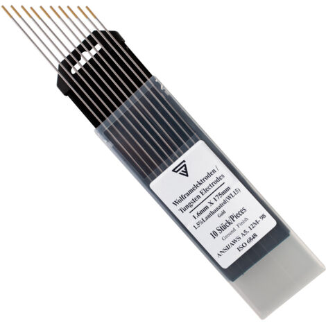 10 x STAHLWERK TIG electrodos de soldadura de tungsteno 1,6 x 175 mm WL15 dorado sin torio - para acero, acero inoxidable, aluminio, cobre 10 piezas.